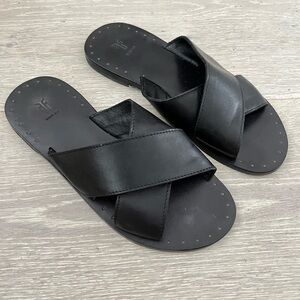 Frye Black Leather "Ally" Criss Cross Slid On Sandals 5.5